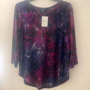 NWT Karen Kane cranberry, navy & gray floral print tunic